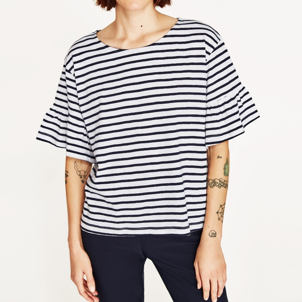 ZARA Striped Frilled Sleeve Top Sz M